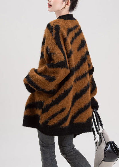 Coffee V Neck Striped Button Knit Cardigans Spring