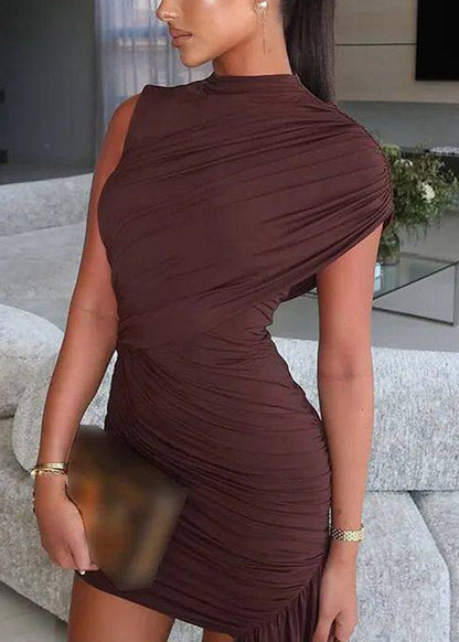 Coffee Wrinkled Patchwork Maxi Dress Short Sleeve