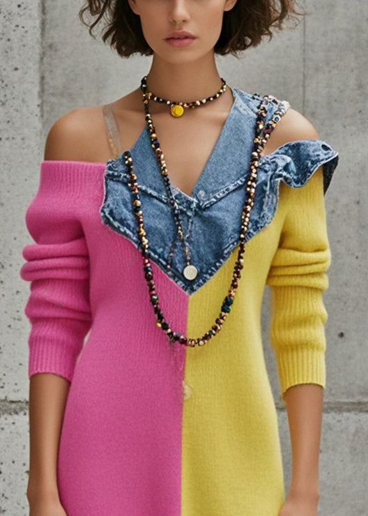 Cold Shoulder Asymmetrical Patchwork Denim Sweater Dress Fall