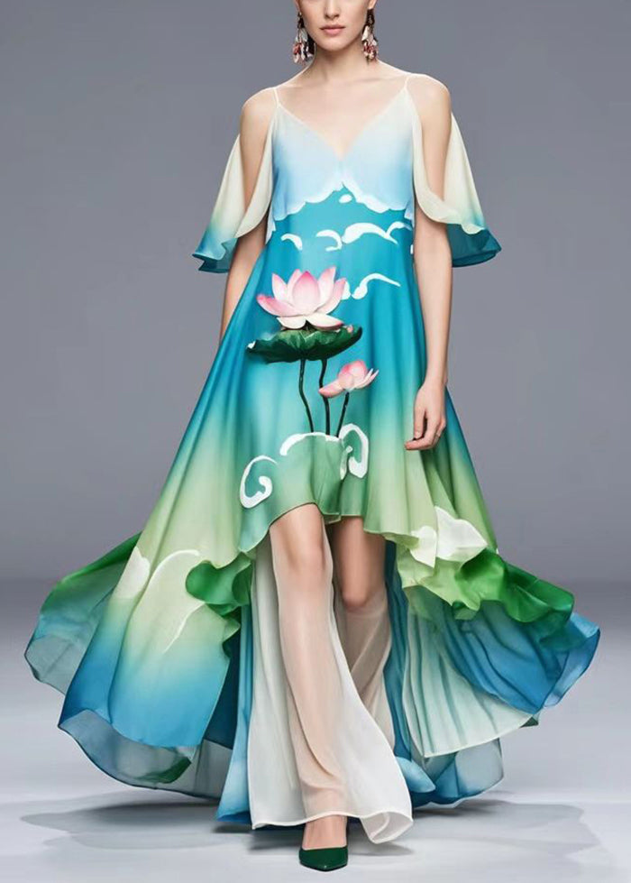 Cold Shoulder Lotus Print Chiffon Long Dress Summer