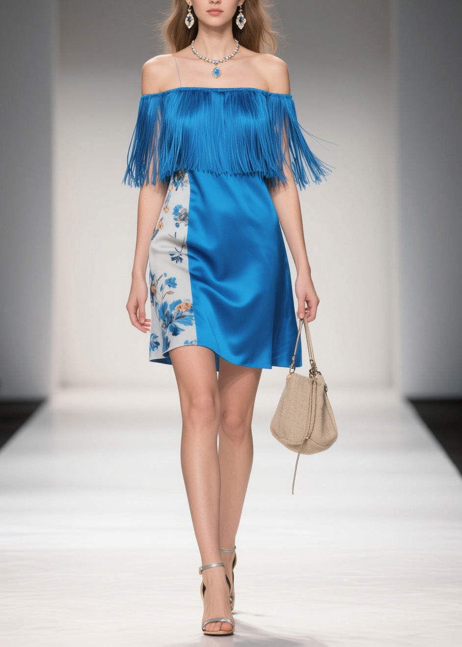 Cold Shoulder Print Tassel Silk Mid Dress Summer