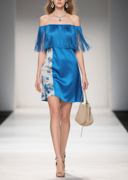 Cold Shoulder Print Tassel Silk Mid Dress Summer
