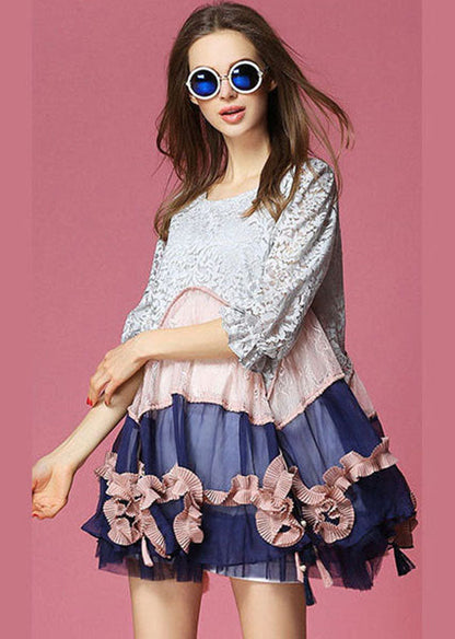 Colorblock Asymmetrical Design Patchwork Lace Vacation Dress Half Sleeve