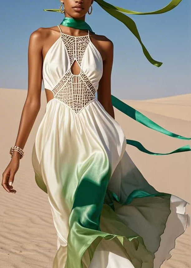 Colorblock Asymmetrical Hollow Out Cold Shoulder Silk Maxi Dress Summer