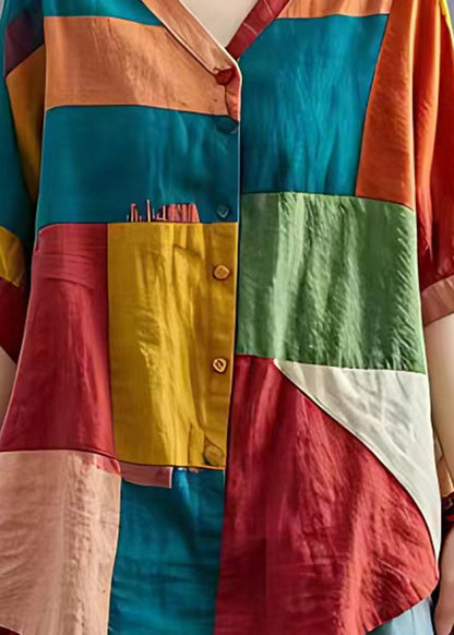 Colorblock Asymmetrical Patchwork Applique Linen Shirt Top Summer