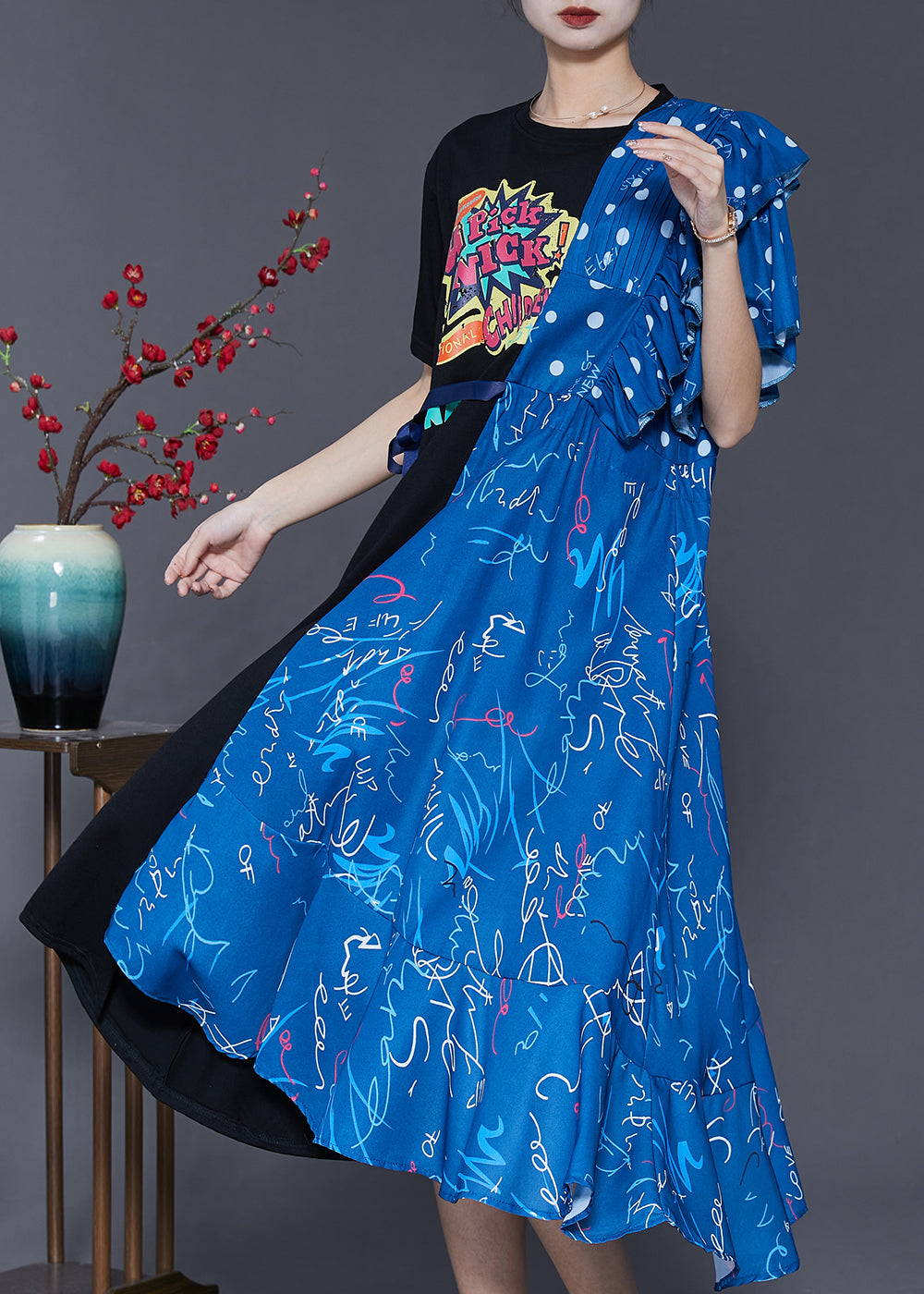 Colorblock Asymmetrical Patchwork Cotton Long Dress Summer