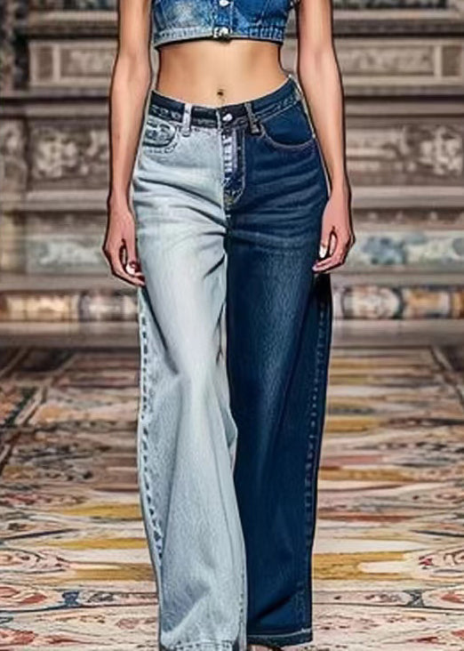 Colorblock Asymmetrical Pockets High Waist Denim Crop Pants Summer