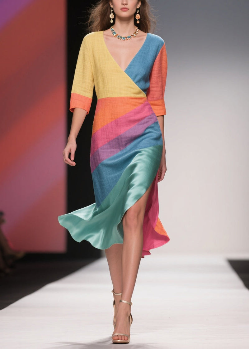 Colorblock Asymmetrical Side Open Linen Silk Dress Half Sleeve