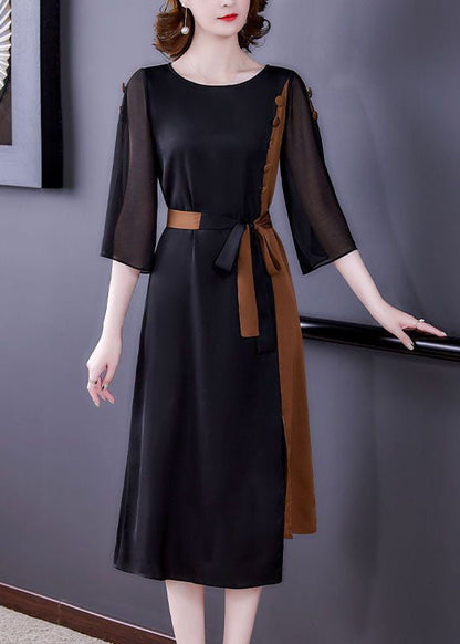 Colorblock O-neck Cinched Patchwork Side Open Silk Holiday Dress Summer