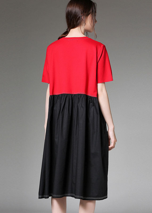 Colorblock O Neck Patchwork Cotton Dress Half Sleeve