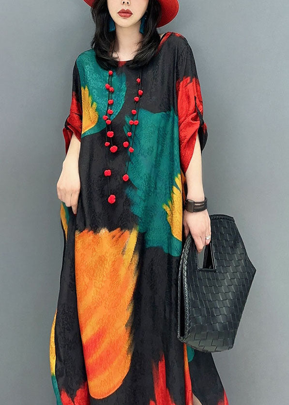 Colorblock O Neck Print Patchwork Cotton Maxi Dress Spring