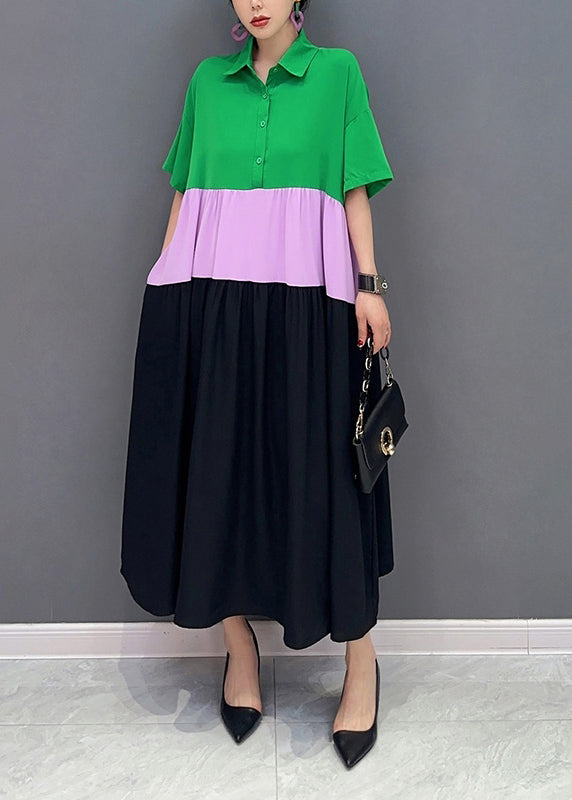 Colorblock Peter Pan Collar Patchwork Cotton a Line Dress Short Sleeve