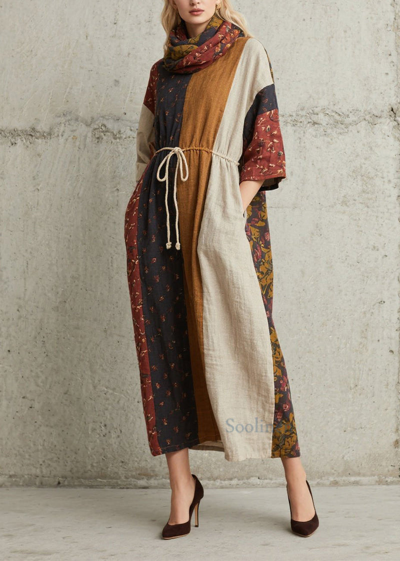 Colorblock Print Lace Up Cotton Dress Summer