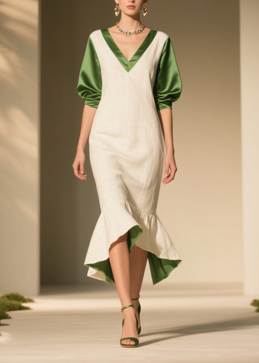 Colorblock Ruffled Patchwork Linen Silk Dress Summer
