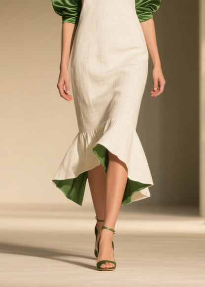 Colorblock Ruffled Patchwork Linen Silk Dress Summer
