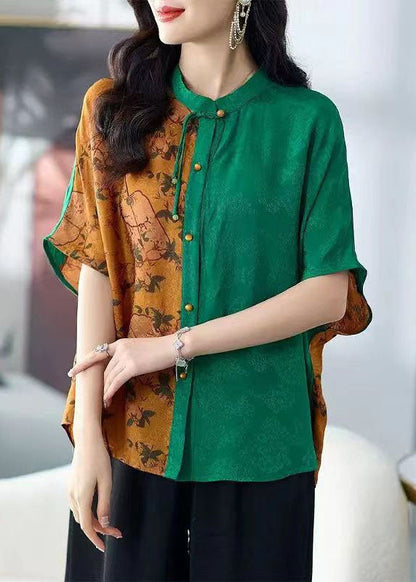 Colorblock Stand Collar Tasseled Print Patchwork Silk Shirts Tops Summer