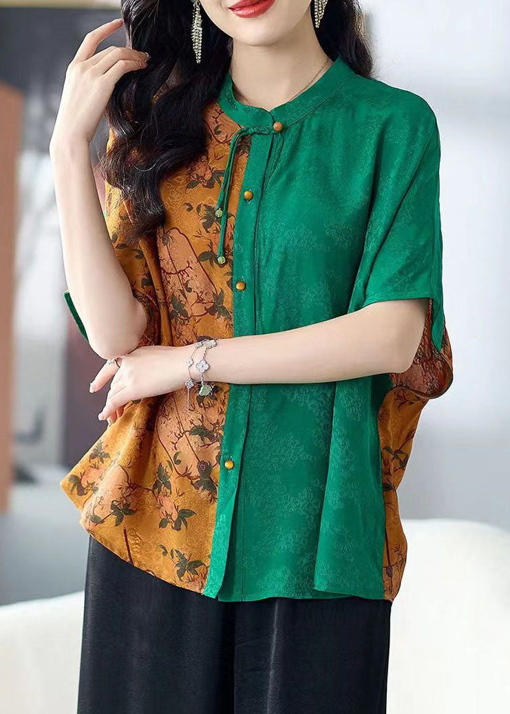 Colorblock Stand Collar Tasseled Print Patchwork Silk Shirts Tops Summer