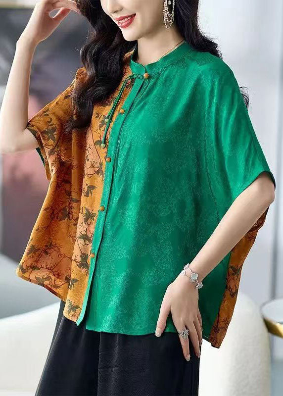 Colorblock Stand Collar Tasseled Print Patchwork Silk Shirts Tops Summer