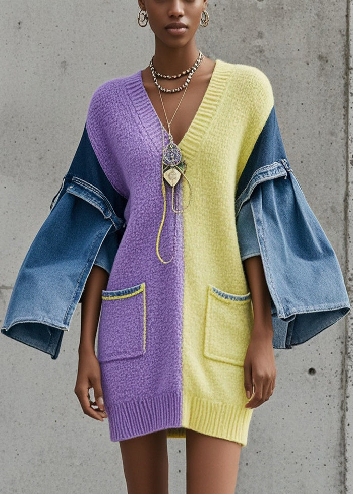 Colorblock V Neck Patchwork Denim Sweater Dress Fall