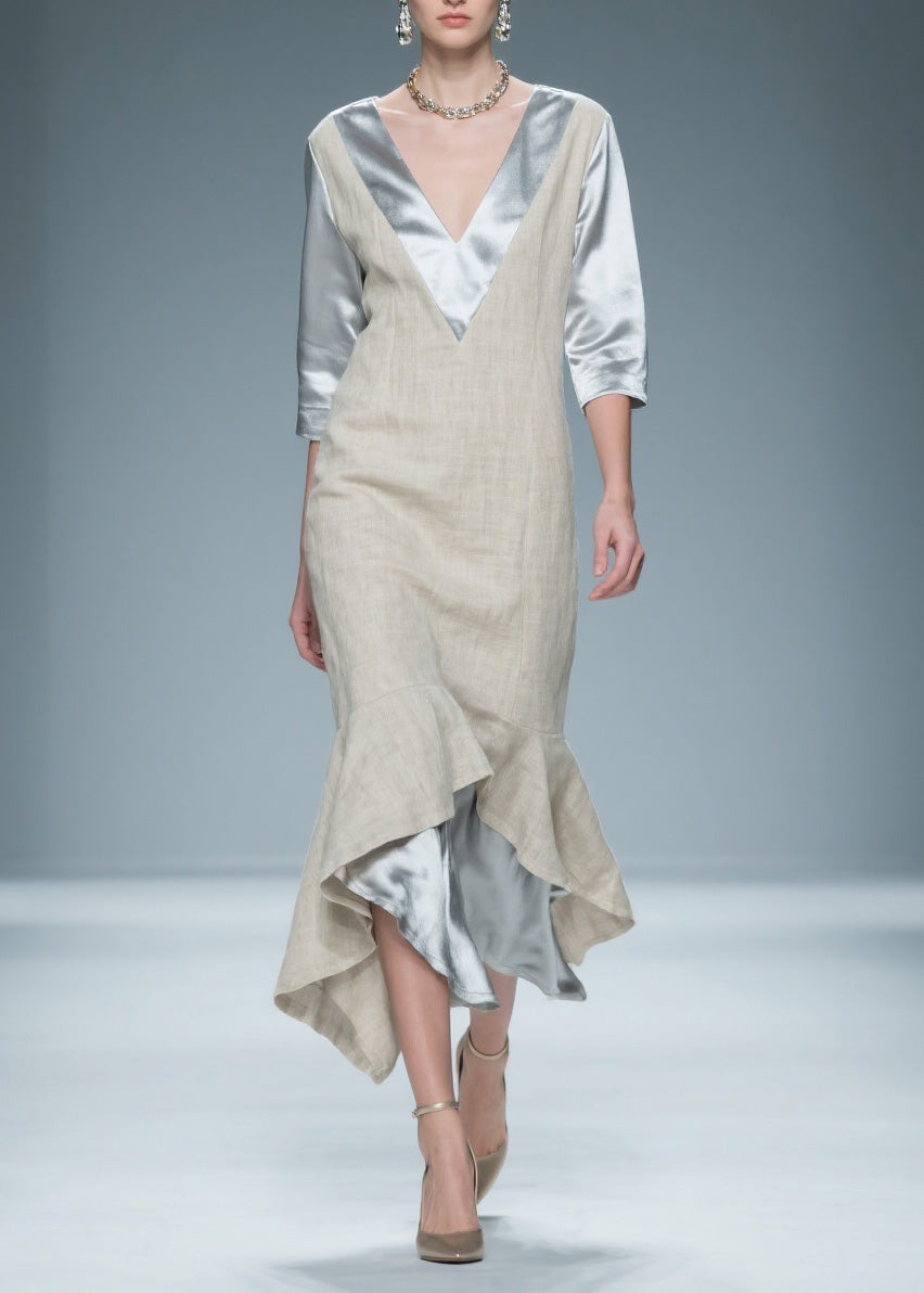 Colorblock V Neck Patchwork Linen Silk Long Dresses Summer