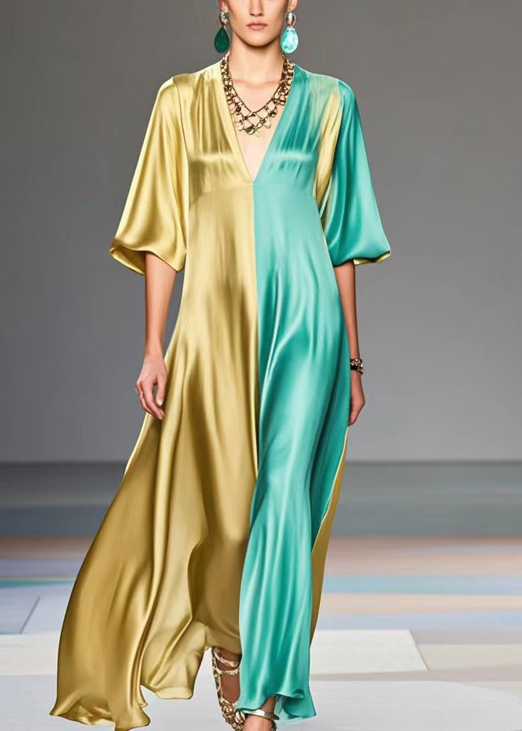 Colorblock V Neck Patchwork Silk Maxi Dresses Summer