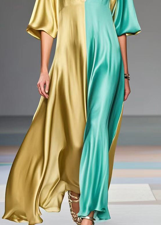 Colorblock V Neck Patchwork Silk Maxi Dresses Summer