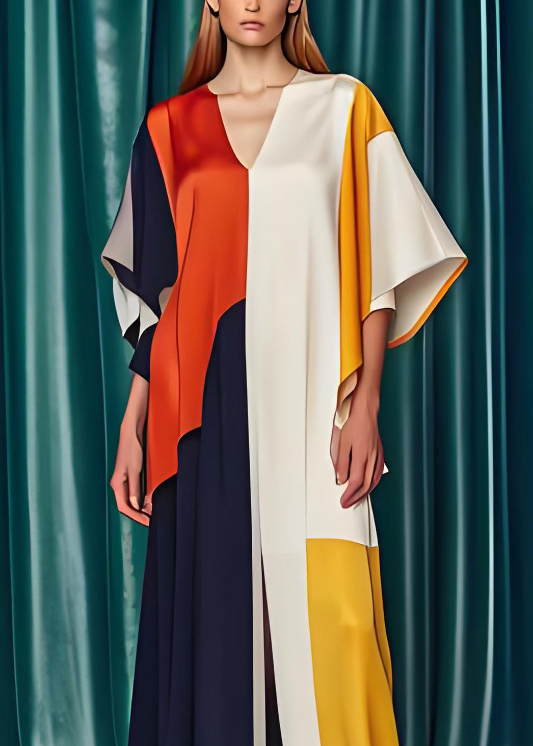 Colorblock V Neck Silk Jumpsuits Summer