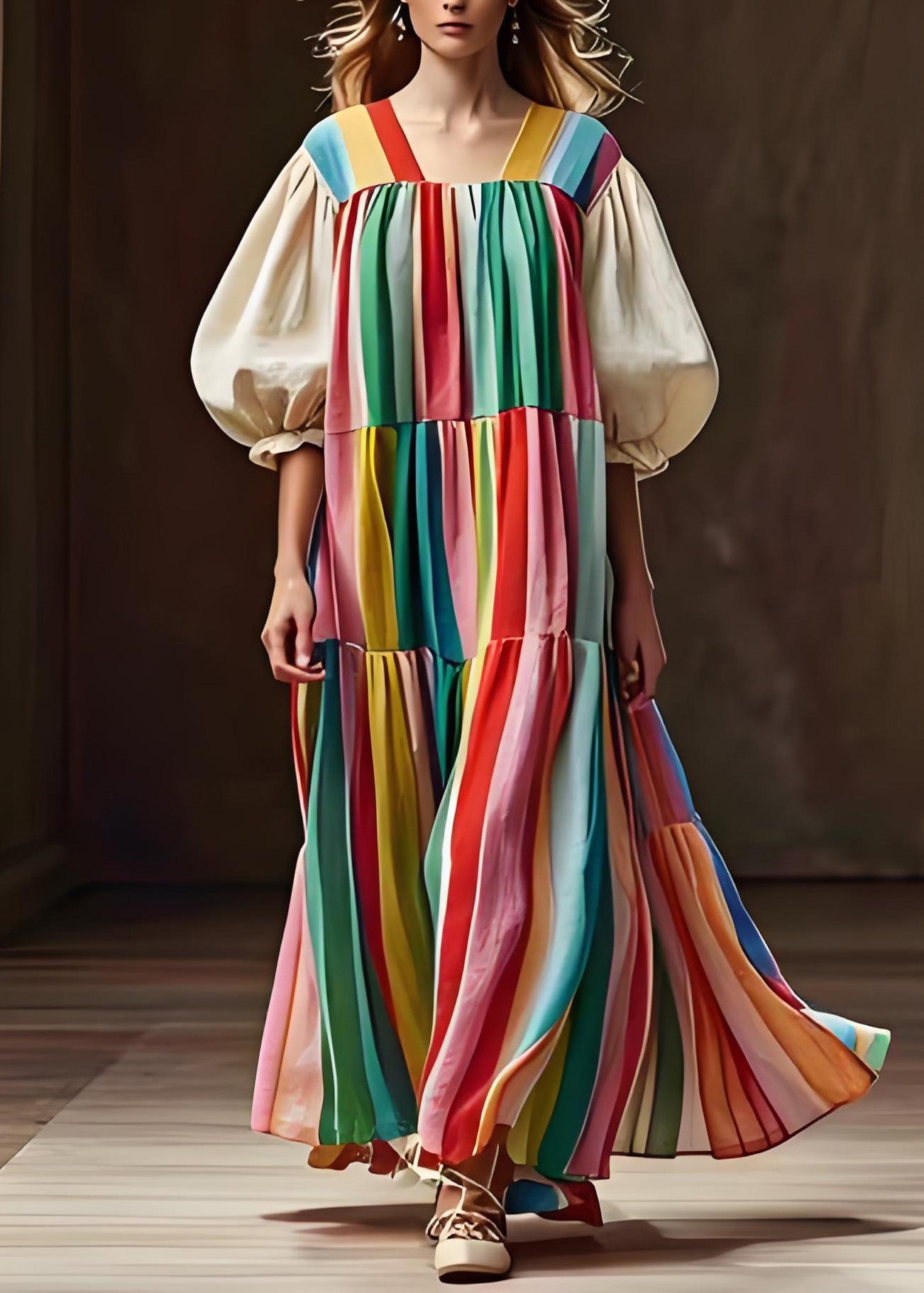 Colorblock Wrinkled Patchwork Cotton Dress Lantern Sleeve