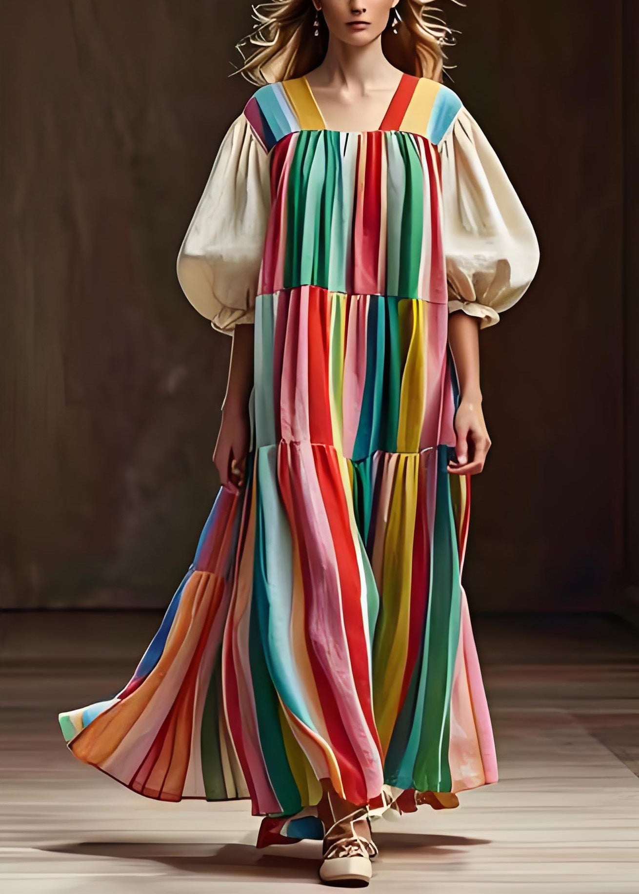 Colorblock Wrinkled Patchwork Cotton Dress Lantern Sleeve