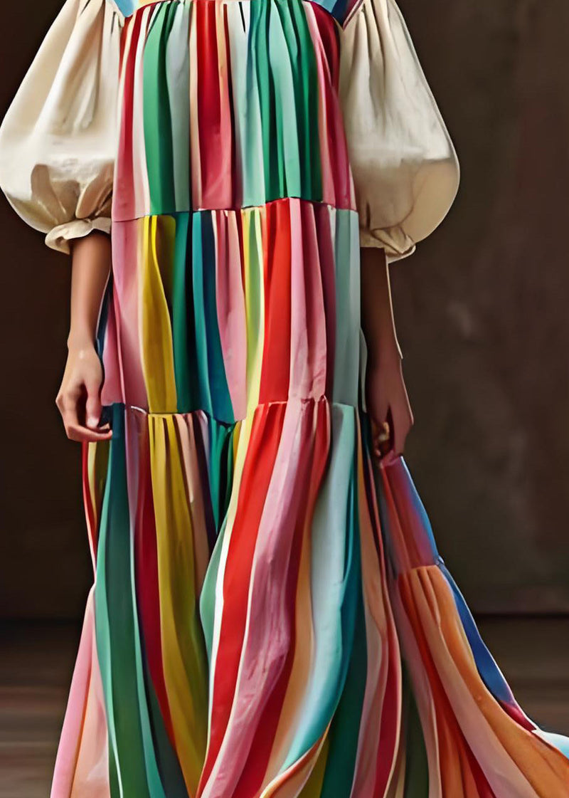 Colorblock Wrinkled Patchwork Cotton Dress Lantern Sleeve