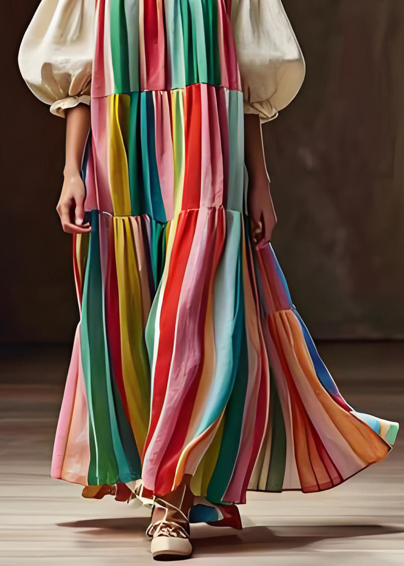 Colorblock Wrinkled Patchwork Cotton Dress Lantern Sleeve
