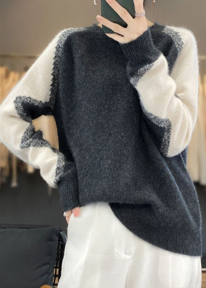 Dark Gray O Neck Patchwork Cozy Wool Sweaters Spring