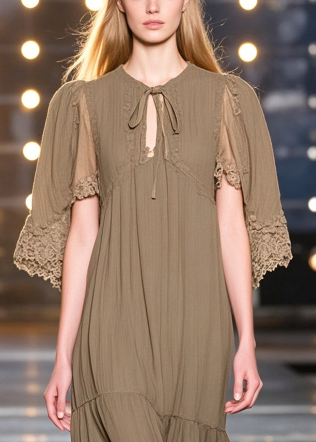 Dark Khaki Lace Up Cotton Tea Dresses Cloak Sleeves