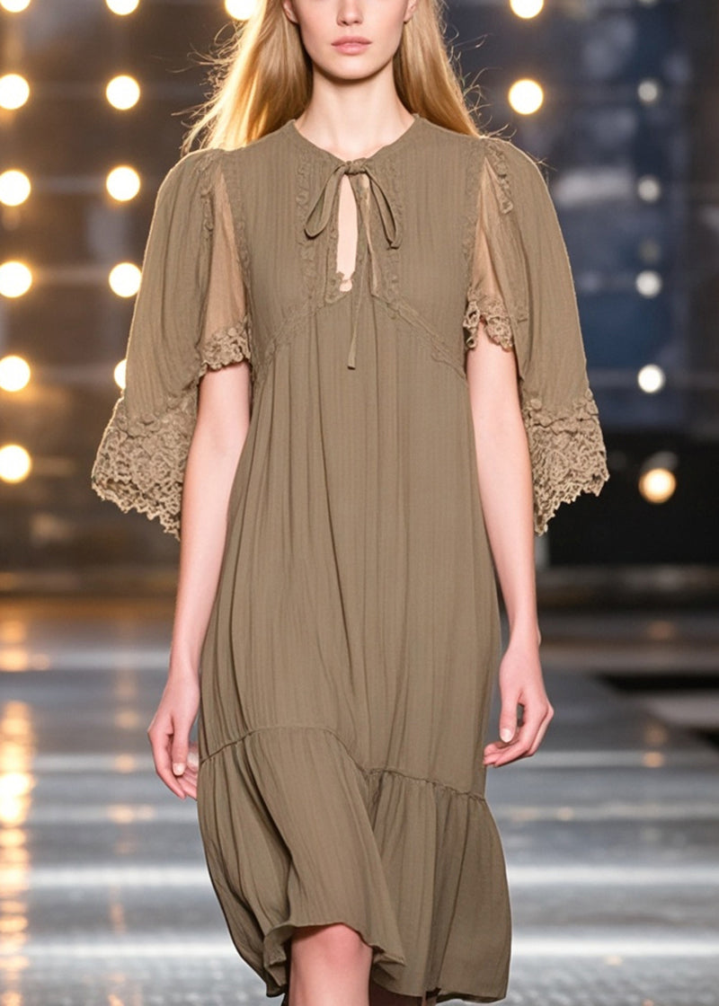 Dark Khaki Lace Up Cotton Tea Dresses Cloak Sleeves