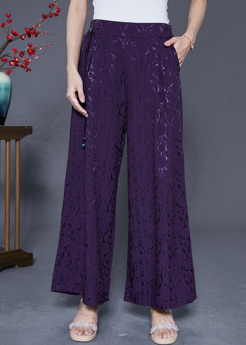 Dark Purple Elastic Waist Jacquard Silk Pants Summer