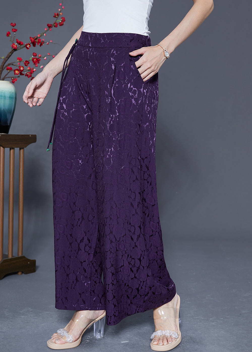 Dark Purple Elastic Waist Jacquard Silk Pants Summer