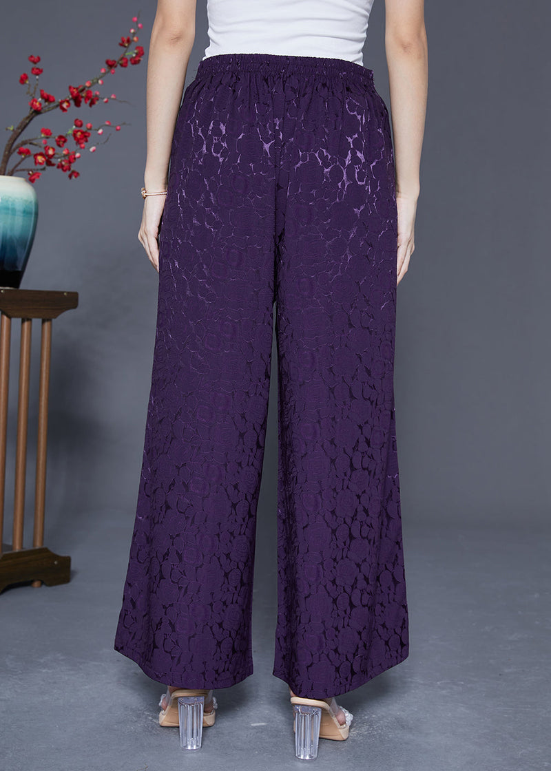 Dark Purple Elastic Waist Jacquard Silk Pants Summer