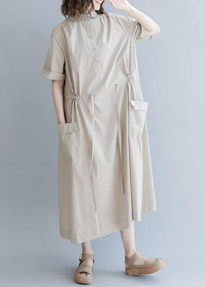 Drawstring Cotton Summer Clothes for Runway Khaki Long Dresses