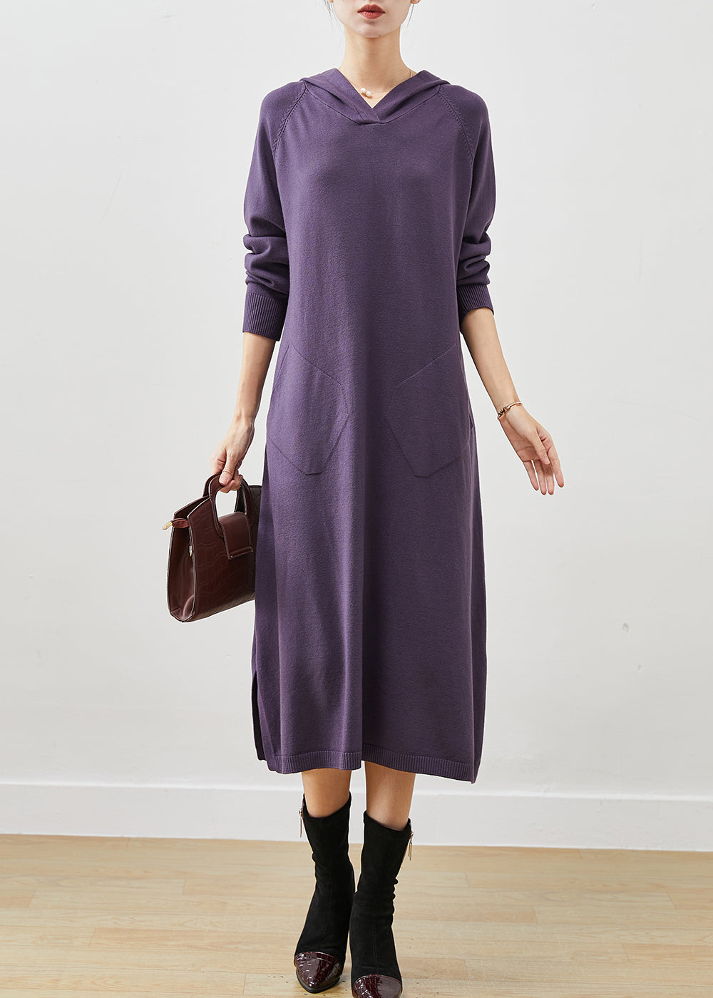 Dull Purple Hooded Side Open Knit Dress Spring
