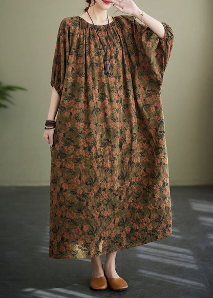 O Neck Wrinkled Patchwork Cotton Long Dresses Lantern Sleeve
