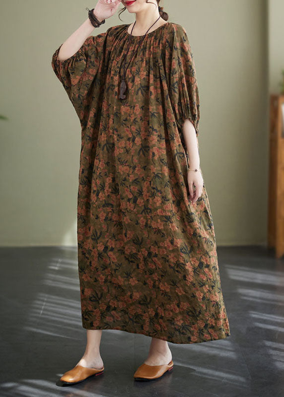 O Neck Wrinkled Patchwork Cotton Long Dresses Lantern Sleeve