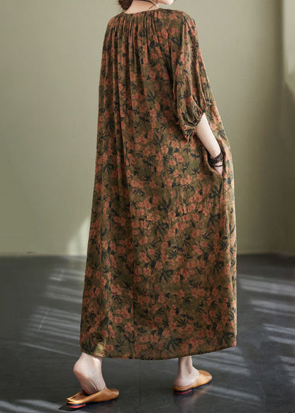 O Neck Wrinkled Patchwork Cotton Long Dresses Lantern Sleeve