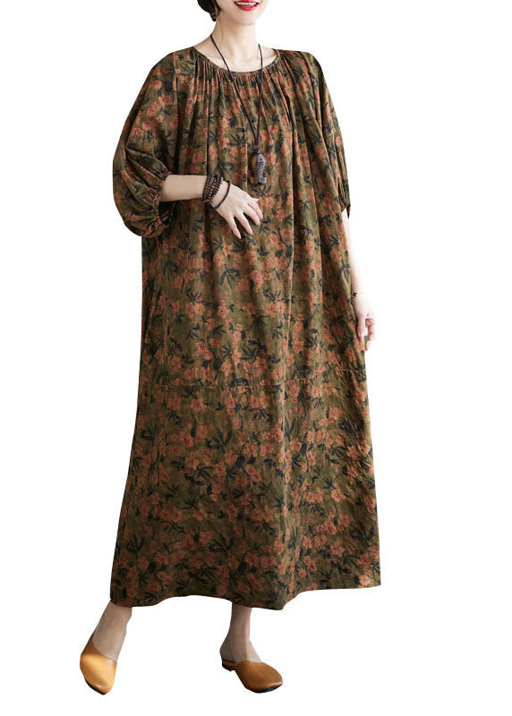 O Neck Wrinkled Patchwork Cotton Long Dresses Lantern Sleeve