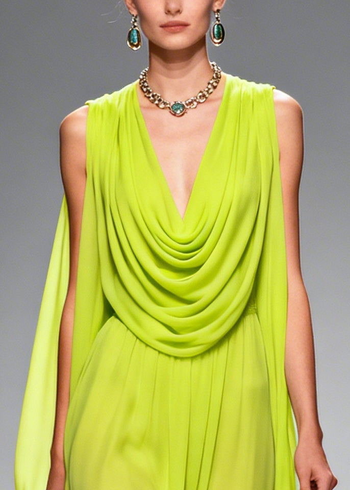 Fluorescent Green Turtle Neck Chiffon Long Dresses Summer