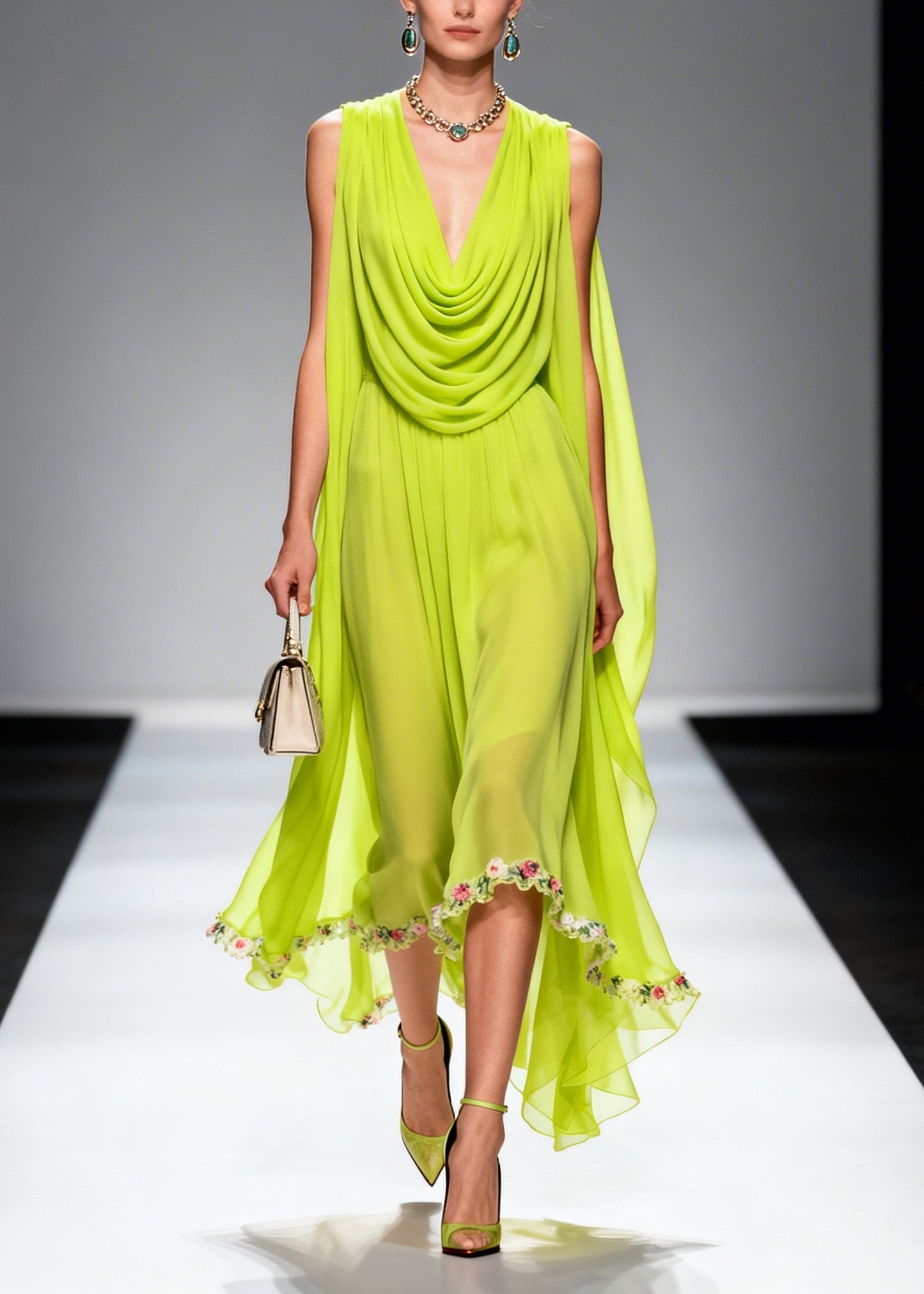 Fluorescent Green Turtle Neck Chiffon Long Dresses Summer