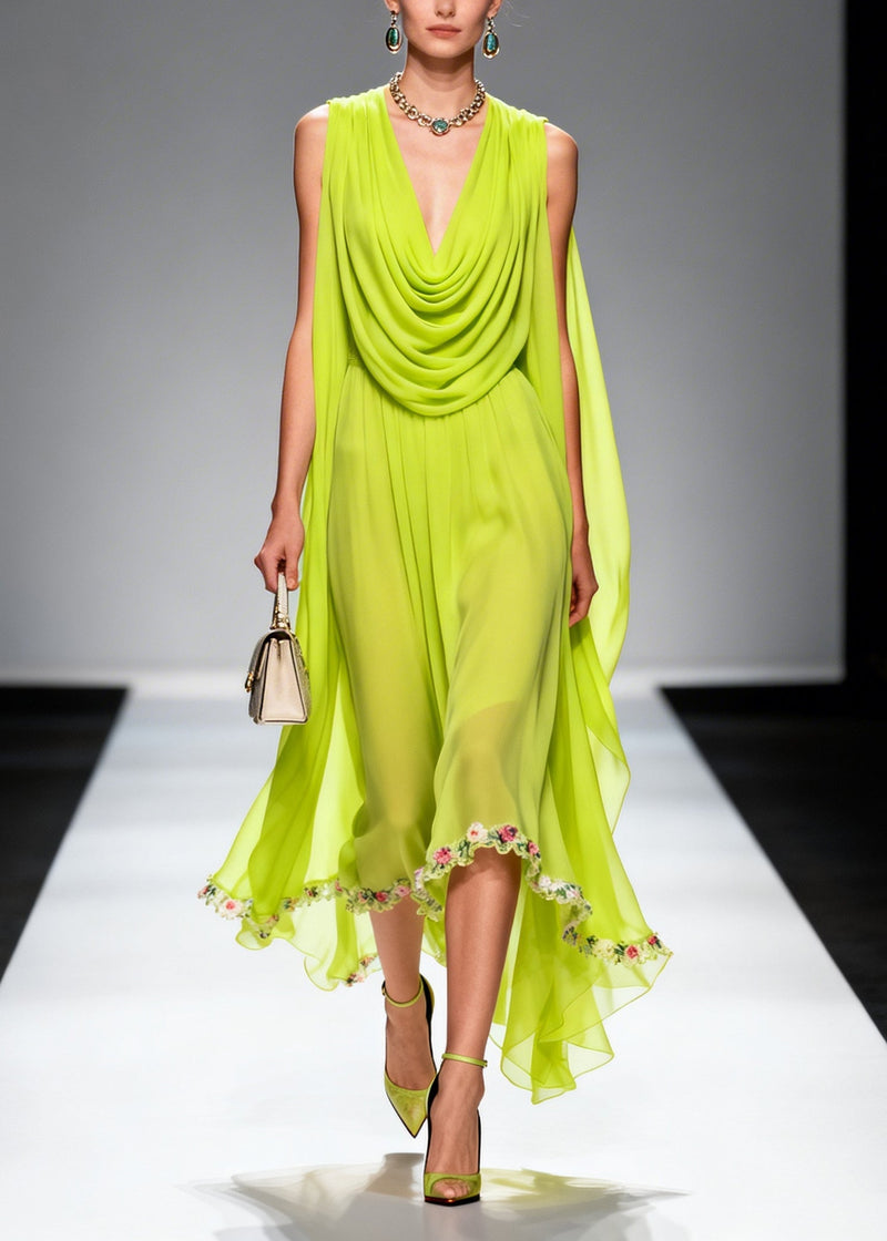 Fluorescent Green Turtle Neck Chiffon Long Dresses Summer