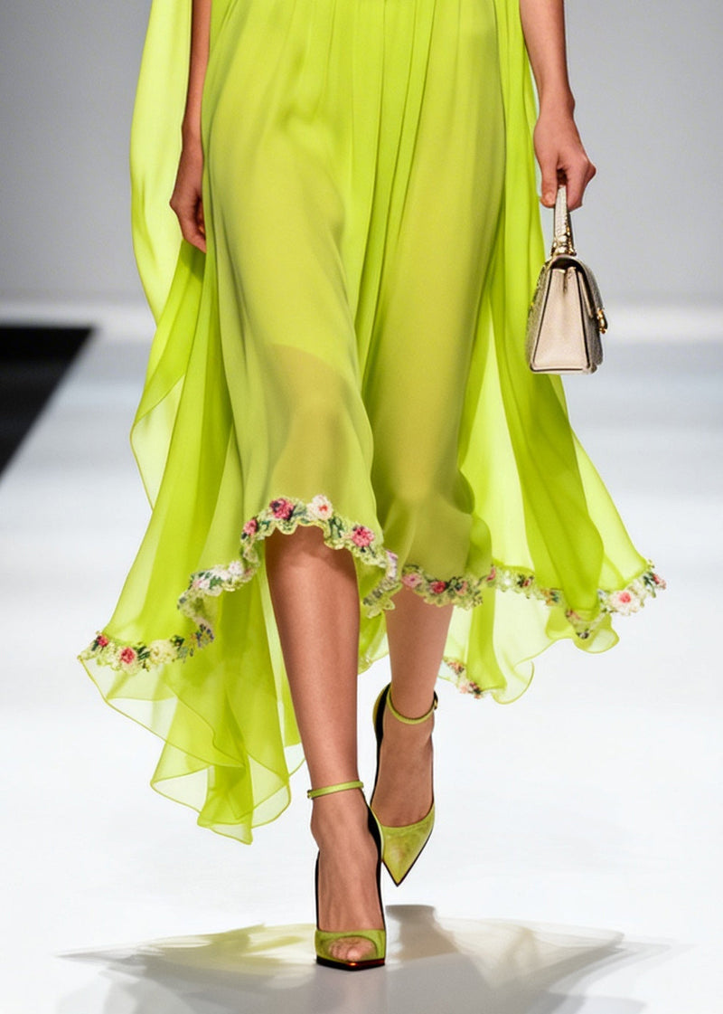 Fluorescent Green Turtle Neck Chiffon Long Dresses Summer