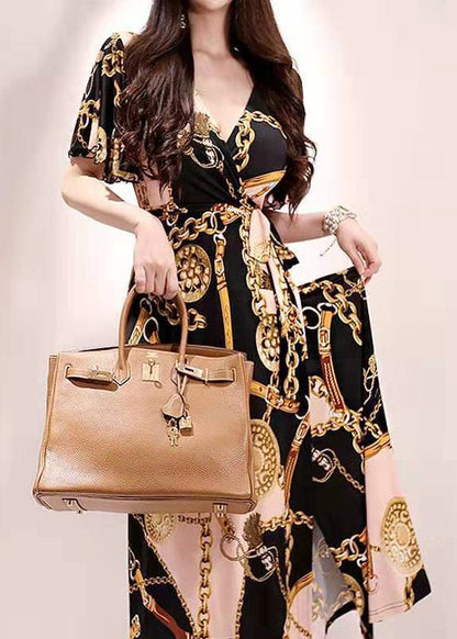 Gold V Neck Print Lace Up Cotton Long Dresses Summer