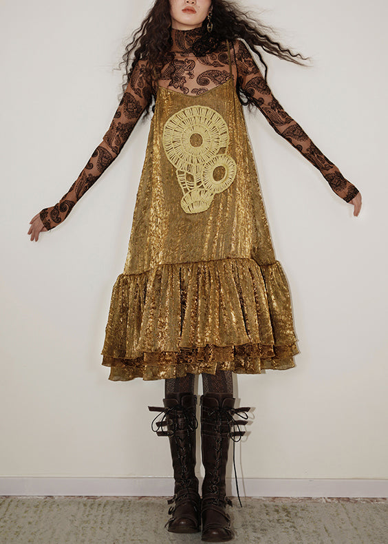 Gold Wrinkled Original Design Spaghetti Strap Dress Sleeveless