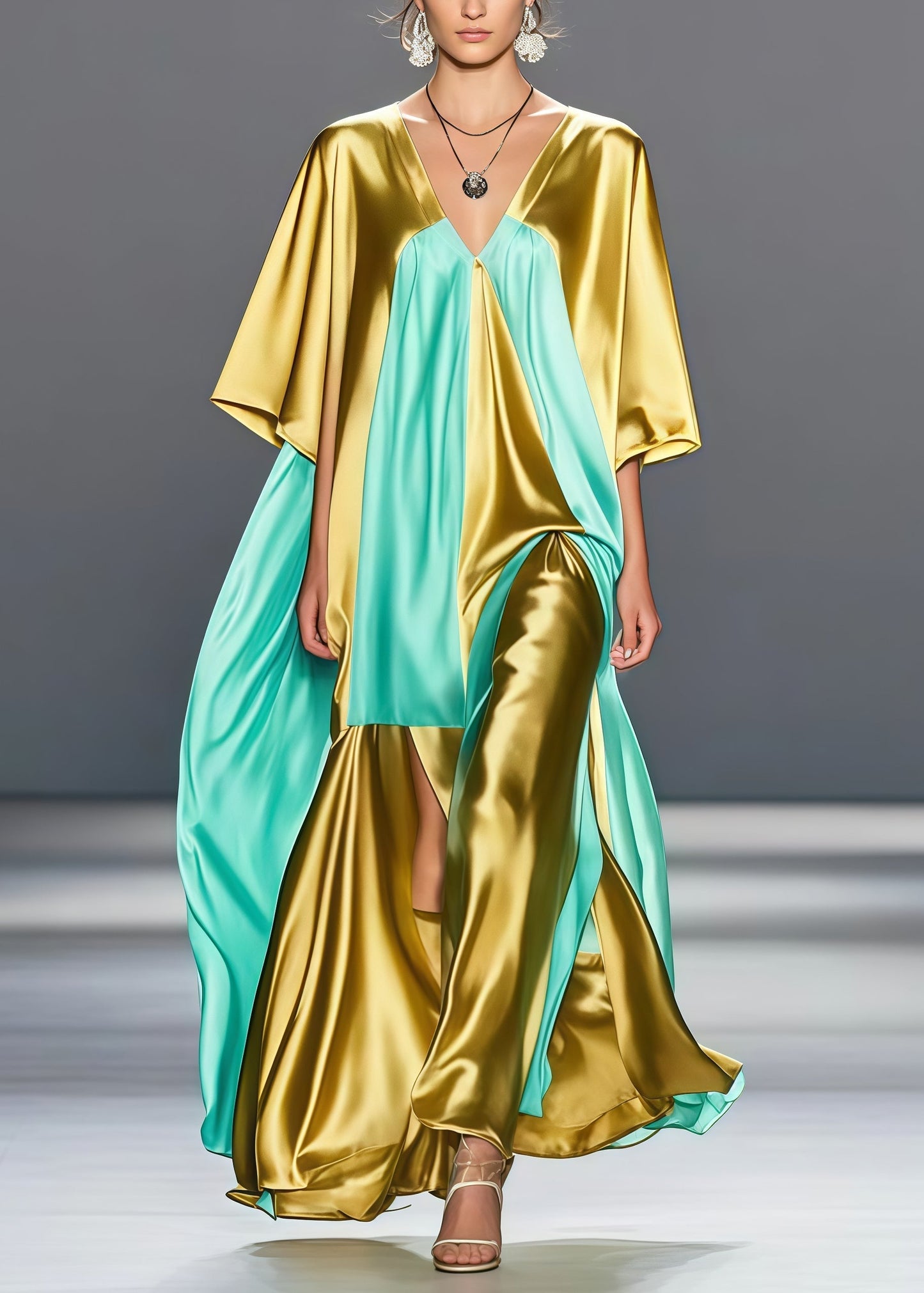 Golden V Neck Patchwork Side Open Silk Long Dress Summer